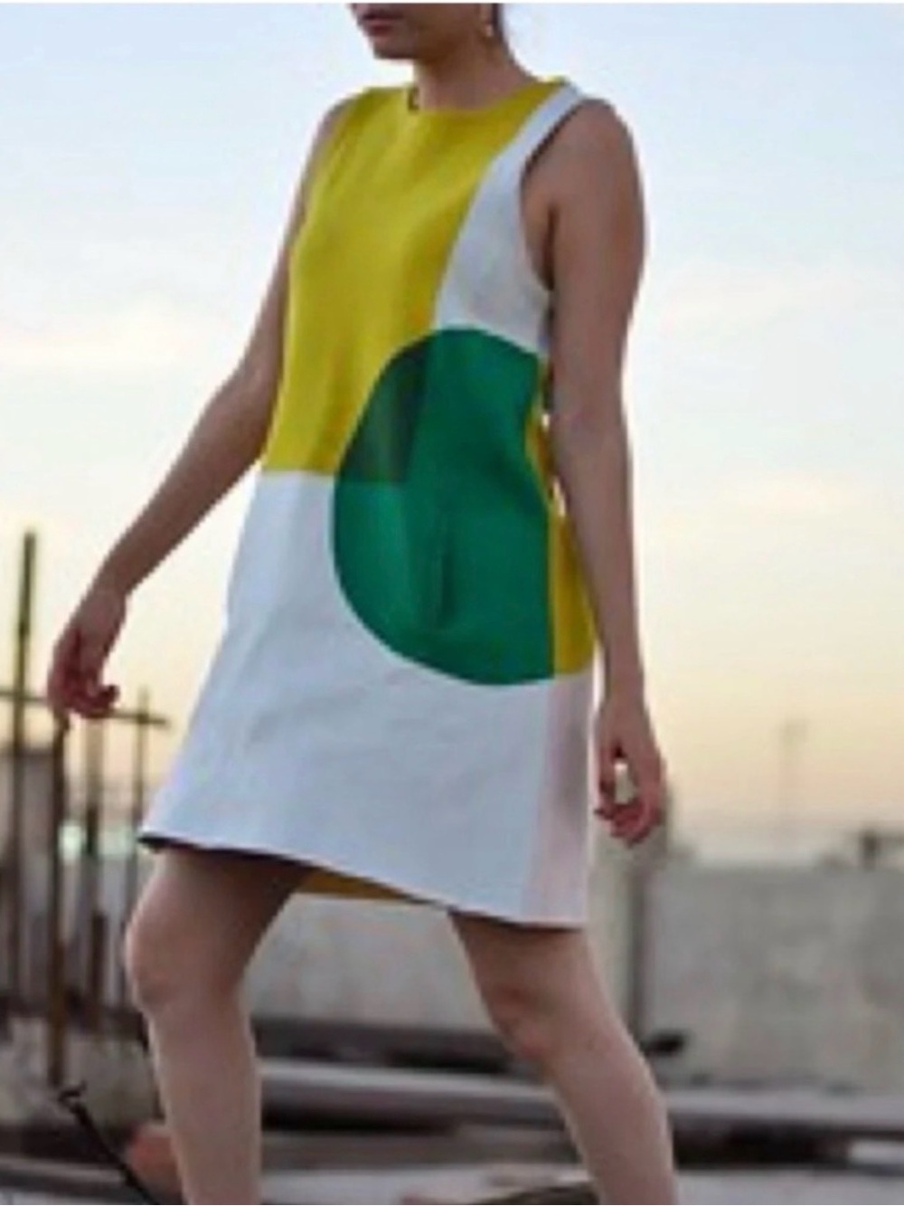 Moth Yellow, White & Green Colorblock Sleeveless Shift Dress